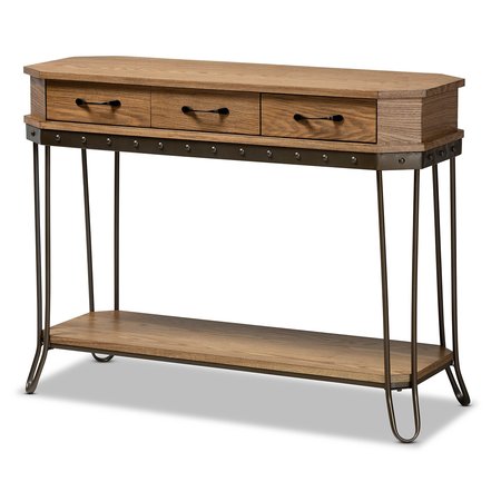 BAXTON STUDIO Kellyn Vintage Oak Brown Finished Wood and Black Finished Metal 3-Drawer Console Table  177-11199-Zoro